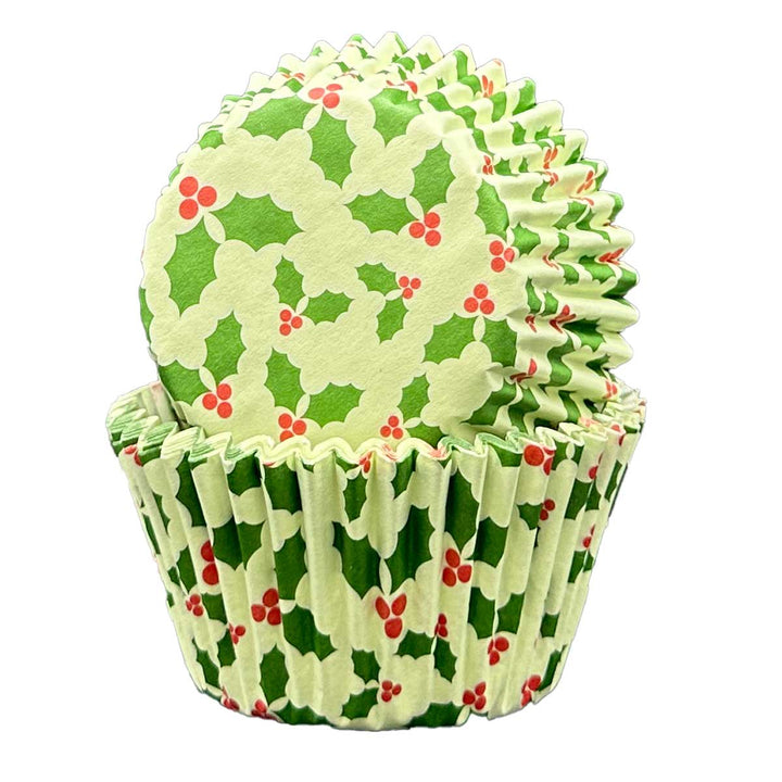 Cupcake Cases - Patterned - Holly on a Green Background