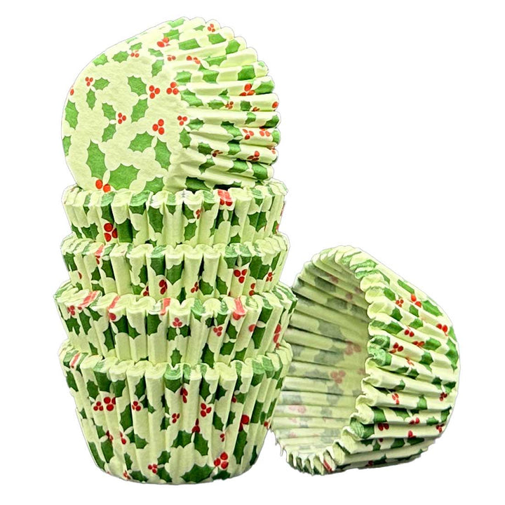 Mini Muffin Cases - Patterned - Holly on a Green Background