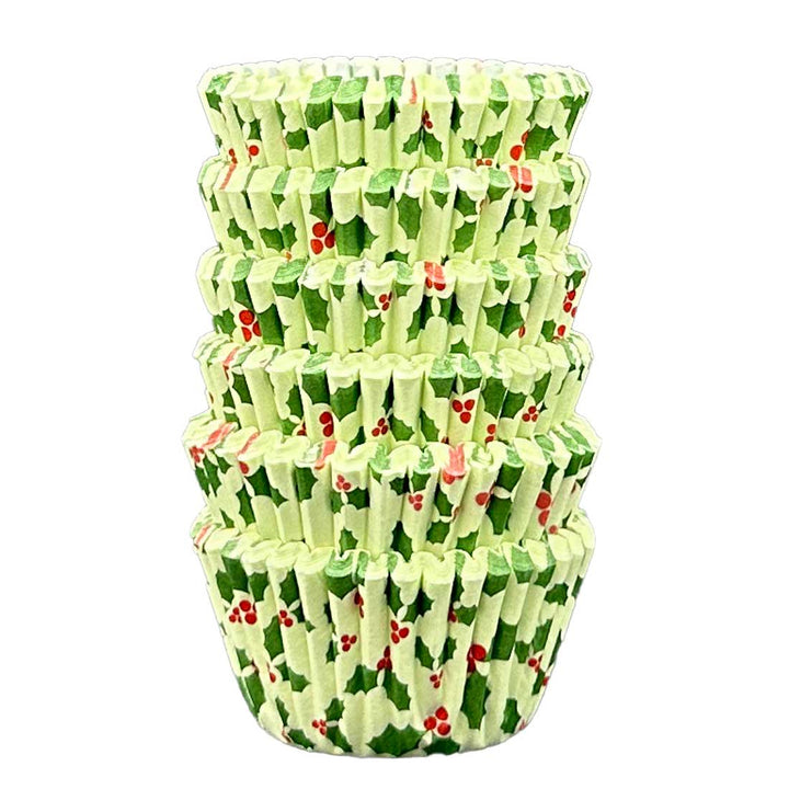 Mini Muffin Cases - Patterned - Holly on a Green Background