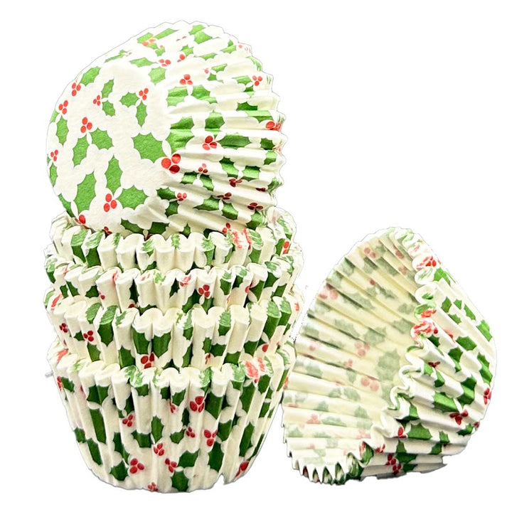 Mini Muffin Cases - Patterned - Holly on a White Background
