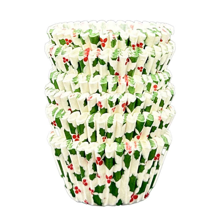 Mini Muffin Cases - Patterned - Holly on a White Background