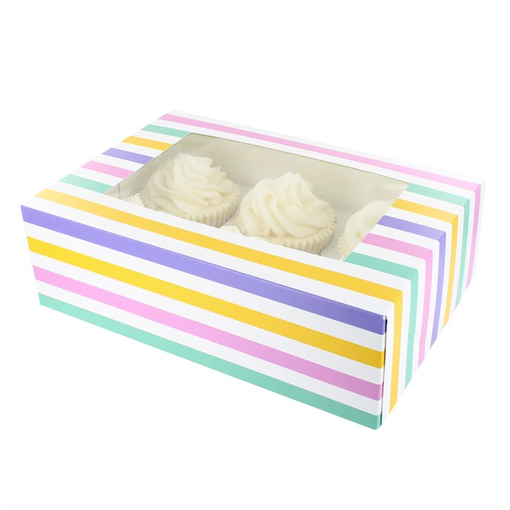 Cupcake Box - Bold Multicoloured Stripes - 6 Cupcakes or 12 Mini Cupcakes