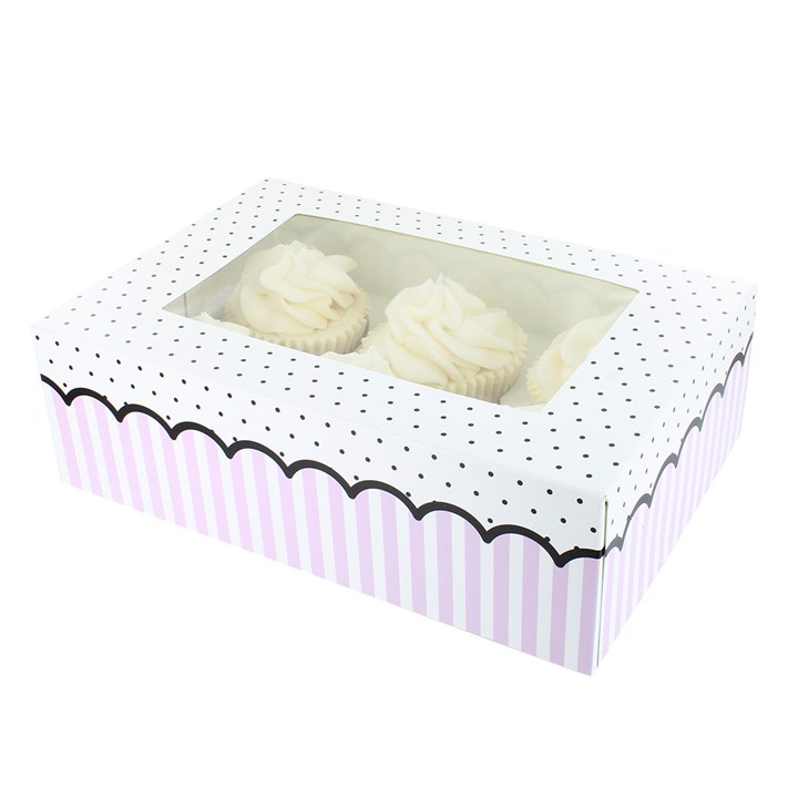 Cupcake Box - Pink Stripes & Dots - 6 Cupcakes or 12 Mini Cupcakes