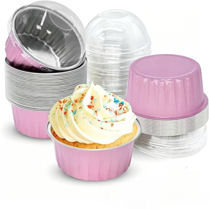 Bakeware - Aluminium Foil - Mini Cake Tins With Dome Lids - Pink x 6