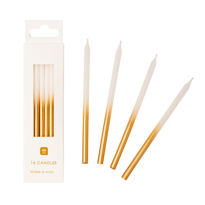 Decorative Candles - White & Gold Ombre Birthday Candles, 10cm - 16 Pack