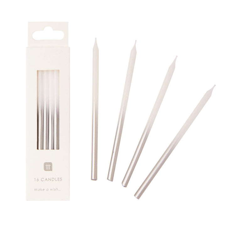 Decorative Candles - White & Silver Ombre Birthday Candles, 10cm - 16 Pack