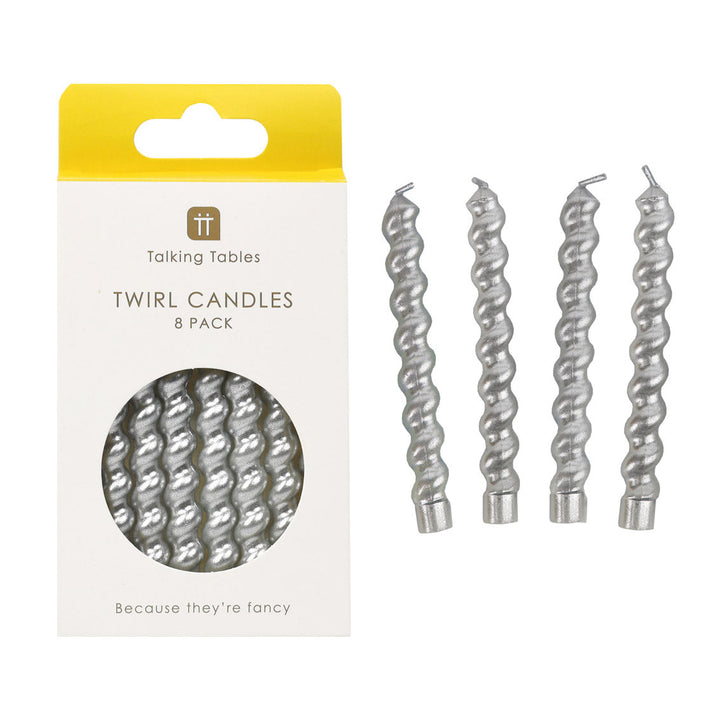 Decorative Candles - Silver Twirl Birthday Candles - 8 Pack