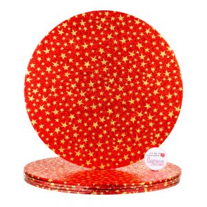 Christmas Cake Card 10 Inch Round Red and Gold Stars Pack of 5