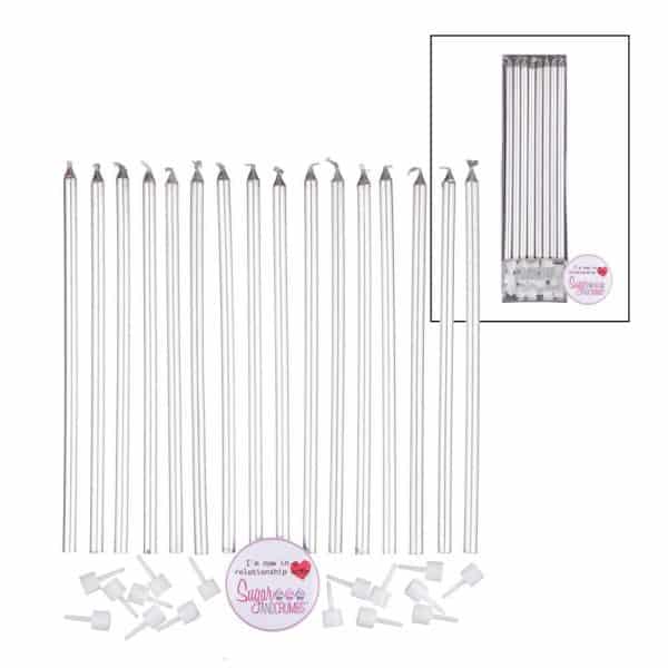 Extra Tall Candles SILVER White Holders 14cm Pack of 16