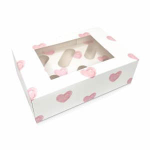 Pink Hearts Luxury Cupcake Box - Holds 6 - 4 inch deep.a