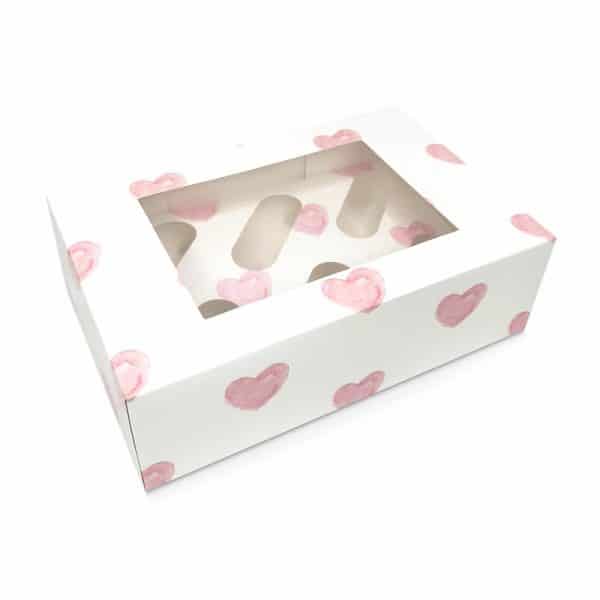 Pink Hearts Luxury Cupcake Box - Holds 6 - 4 inch deep.a