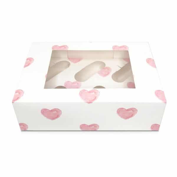 Pink Hearts Luxury Cupcake Box - Holds 6 - 4 inch deep.b