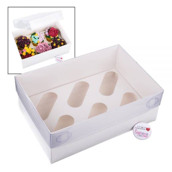 S&C Luxury White Cake Box with Clear Lid Holds 6 - Pack of 2.a