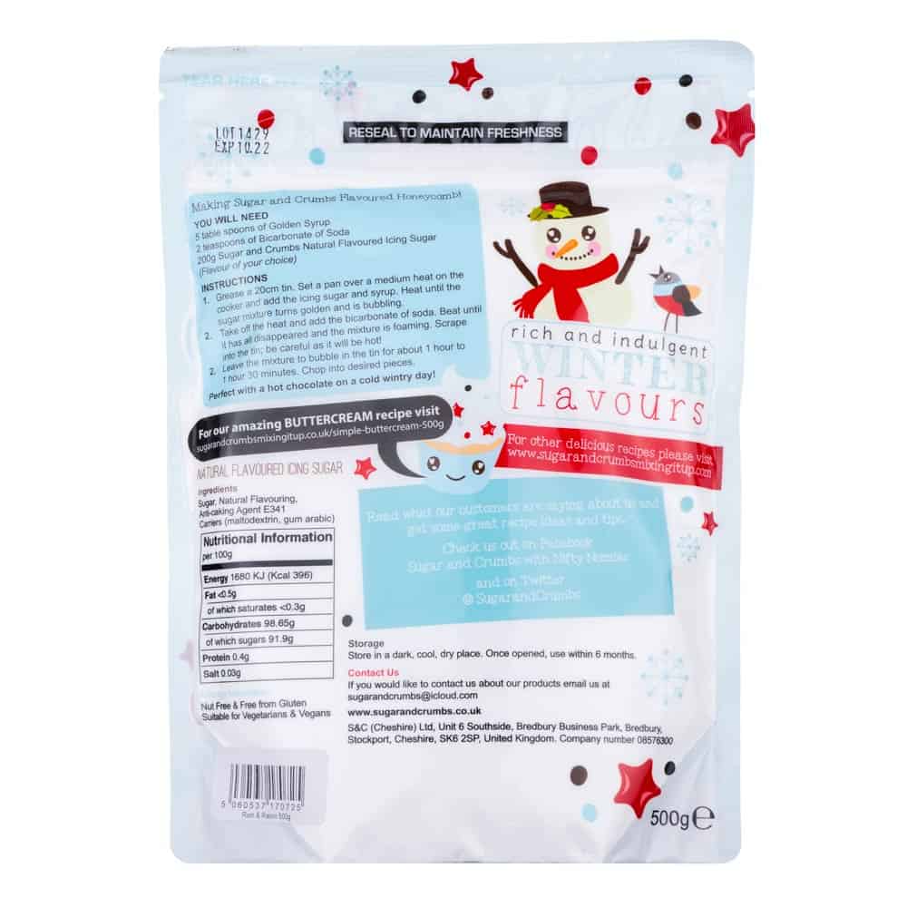 Rum and Raisin 500g - Sugar and Crumbs Icing Sugar Non Alcoholic.back