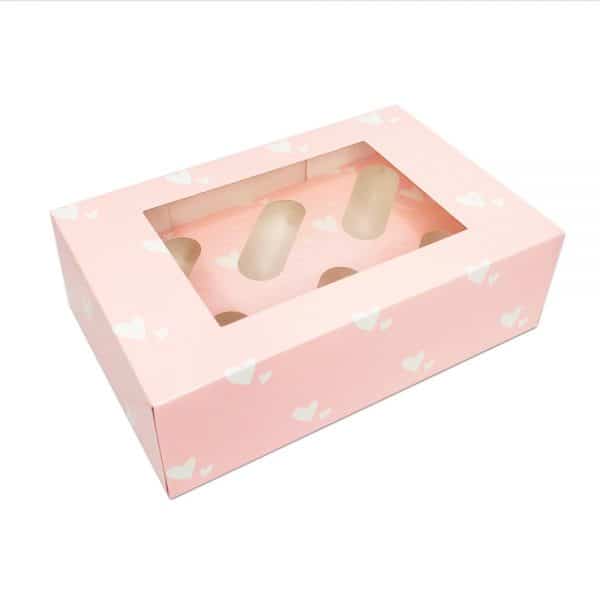 WHITE Hearts Luxury Cupcake Box - Holds 6 - 4 inch deep.a