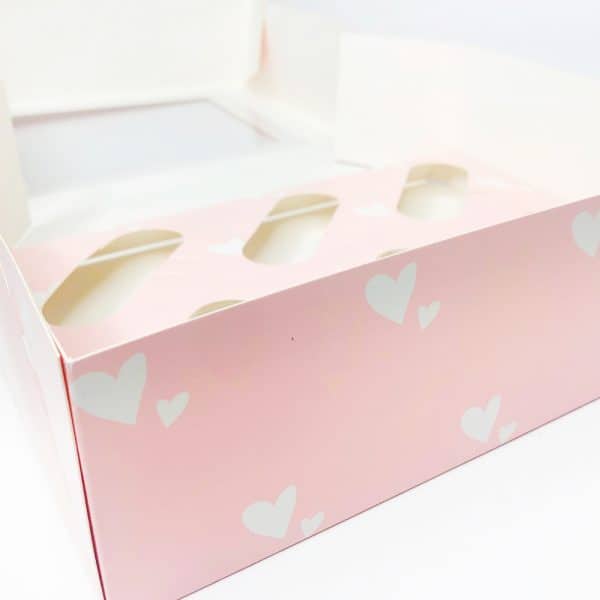 WHITE Hearts Luxury Cupcake Box - Holds 6 - 4 inch deep.b
