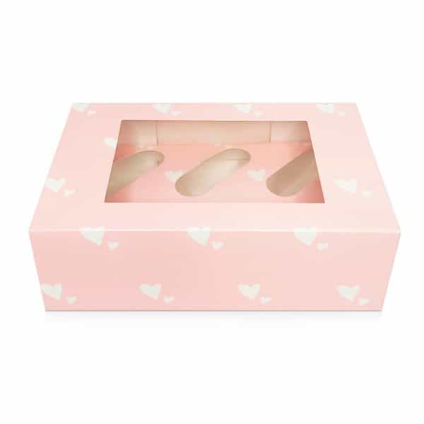 WHITE Hearts Luxury Cupcake Box - Holds 6 - 4 inch deep.d