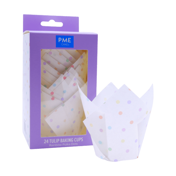 24 x Tulip Muffin Cases - Rainbow Polka Dots