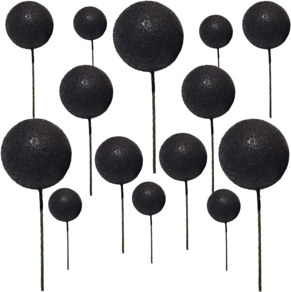 20 Foam Cake Balls on Wires - Glitter Black