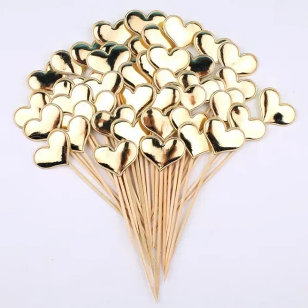 50 x Cake Toppers - Hearts - Gold