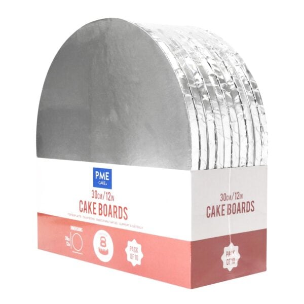 Pack of 10 Round Cake Board (12mm) with Wrapped Edge, Silver, 30cm/12in
