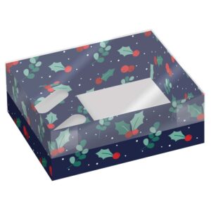 Holly & Berries Hamper/Cupcake Box with Clear Lid - Pack of 2
